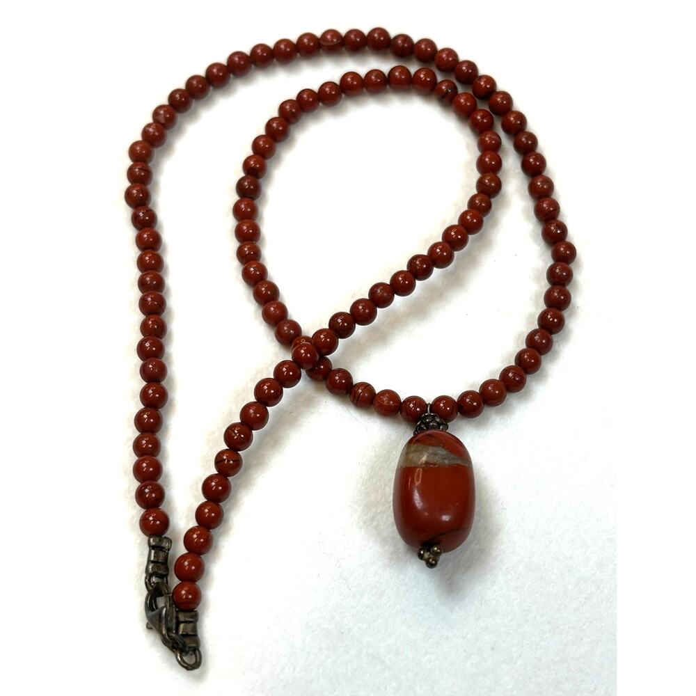 Faux Red Jasper Round Beaded Necklace 17in Pendant Gold Tone Lobster Clasp